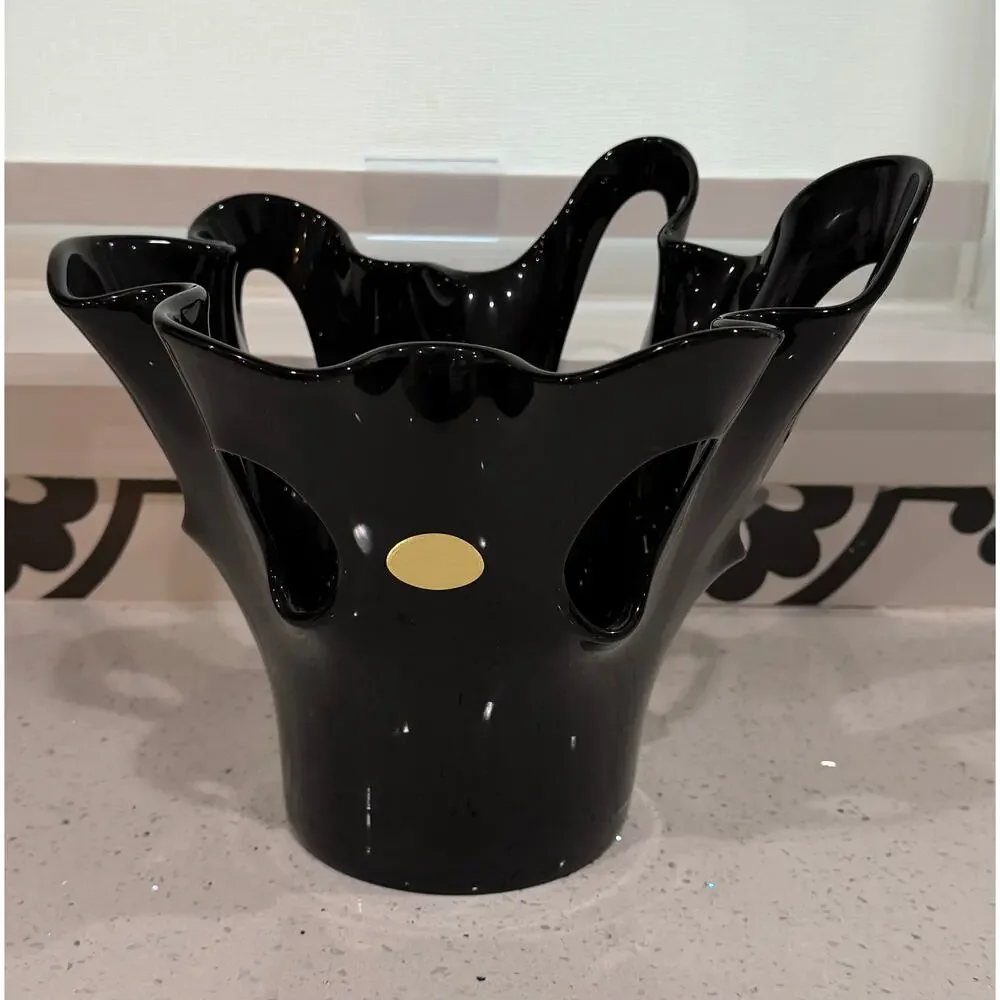 Vintage Polish Black Glass Krosno Josefina Abstract Organic Vase